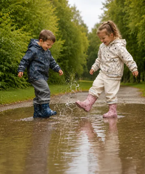 Kinder in Regenbekleidung und Gummistiefeln spielen fröhlich in einer Pfütze auf einem Waldweg